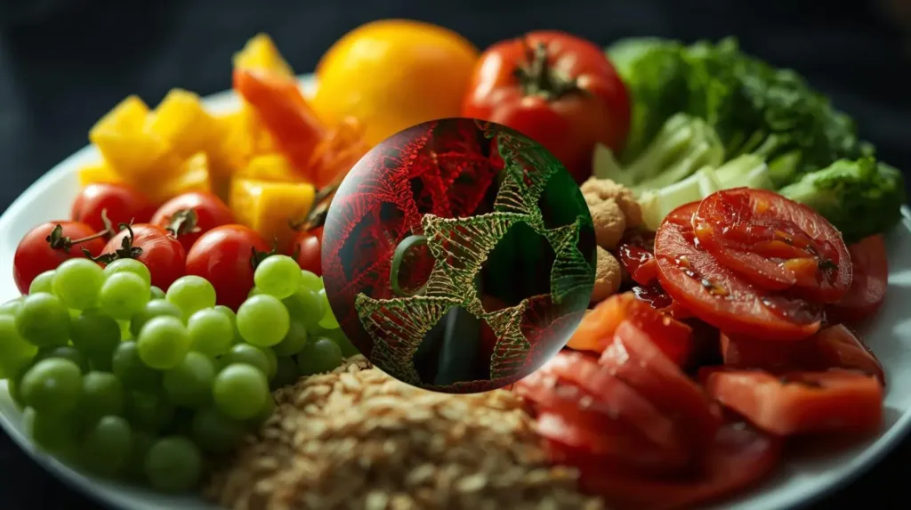Primo piano iperrealistico di un piatto di cibo apparentemente sano frutta verdura cereali che s